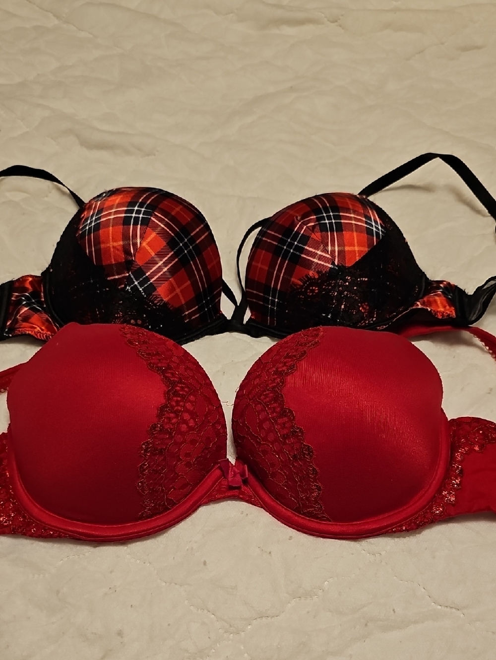 Victoria's Secret Red Satin Lace Push-Up Bra with Plaid Accent Bra